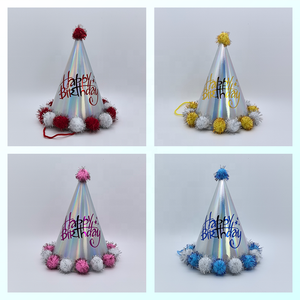 Chapeaux de fête scintillants personnalisés 2026 style romance avec pompons en papier, chapeaux coniques bicolores avec boules dorées pour l'<span class=keywords><strong>anniversaire</strong></span> des enfants - Product Image 2
