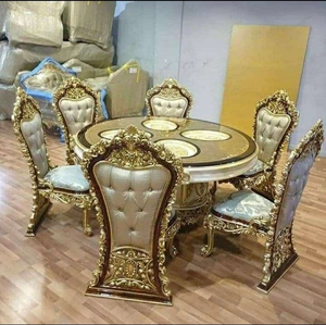 Juego de Comedor Redondo de Madera de Teca Antigua de Lujo, Diseño Real, Muebles de Comedor para 6 Personas - Product Image 1