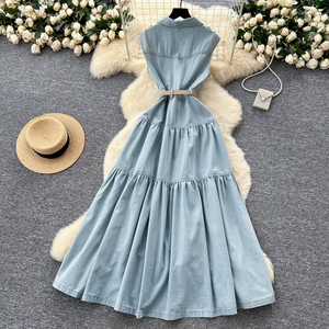 Abbigliamento Vintage LW1414 abito di fascia alta senza maniche da donna Maxi abito in Denim con colletto risvolto a bottoni in metallo abiti eleganti - Product Image 2
