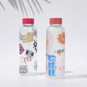 Kustom Grosir 500Ml DIY Stiker Kreatif Musim Panas Siswa Menyenangkan Botol Air Kaca Buram dengan Tutup