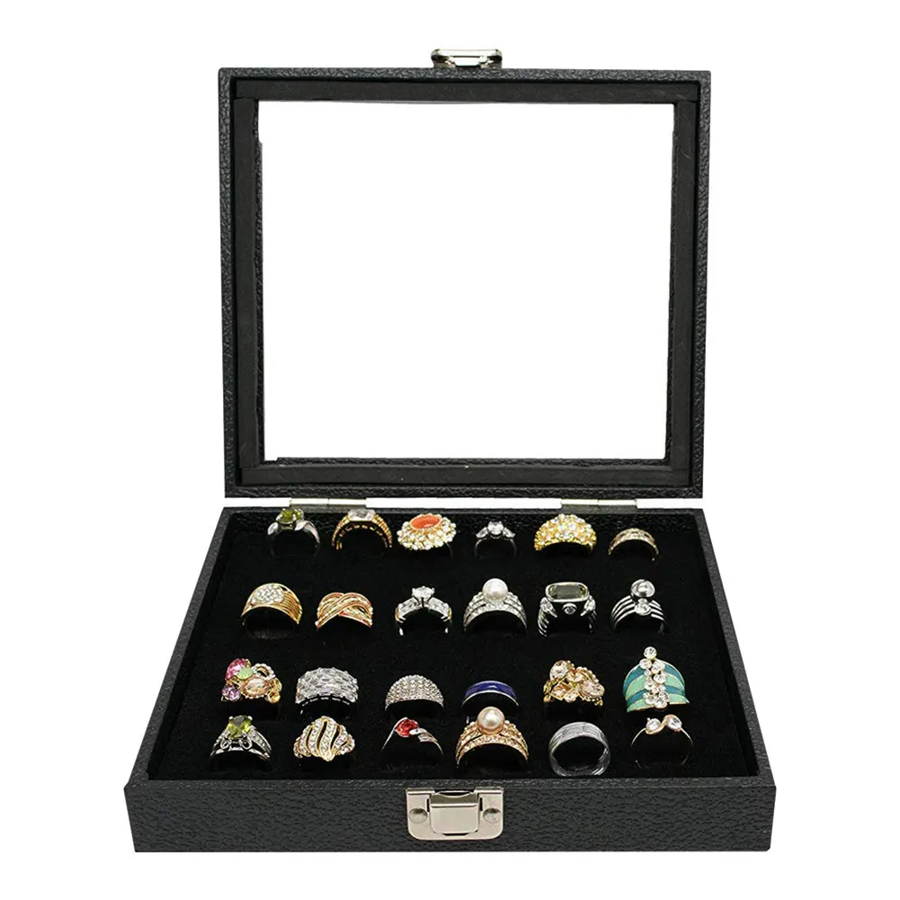 Jewelry Storage Case Black PU Leather 24 Slot Velvet Glass Ring Storage Box Display Stand Case Holder Organized Tray