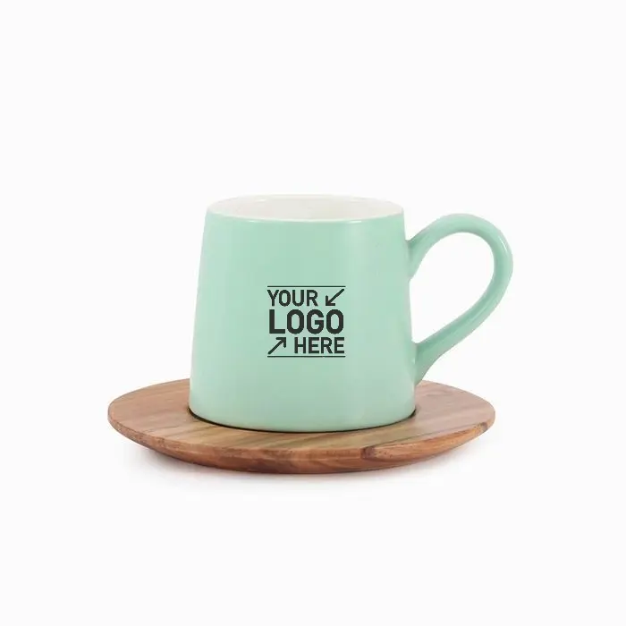 Kunden spezifische 300ml/10oz Keramik becher mit Holz Untertasse Personal isierte Keramik Kaffeetasse mit Holz Untertasse Personal isierte Keramik becher