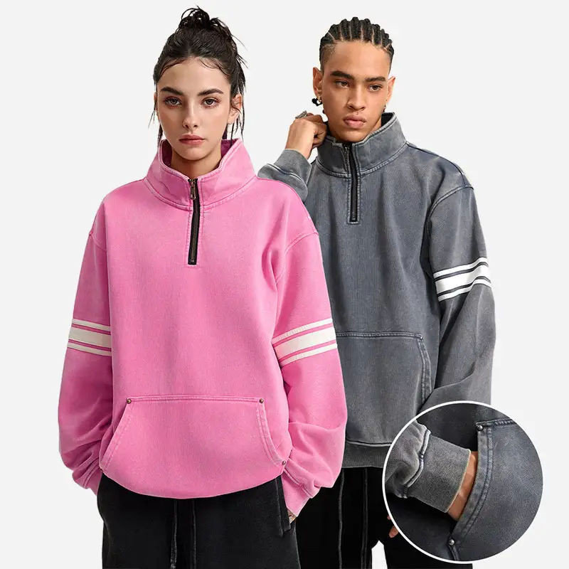 Hot kustom kosong 445 gsm kebesaran HITAM pink pria kelas berat sweatshirt asam cuci zip up batu cuci hoodie untuk wanita