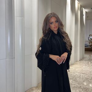 Черная абайя 2026, открытая абайя, к празднику Ид аль-Фитр, ручная работа, с черными бусинами на рукавах, длинное платье для мусульманок, джалабия - Product Image 2