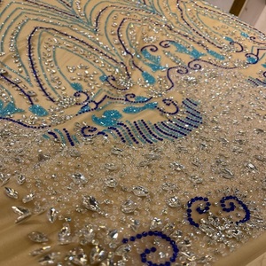 Tissu brodé floral de luxe avec perles et dentelle en cristal – Matière haut de gamme pour robes de soirée et textiles de mode - Product Image 1