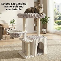 Arbre à chat en flanelle rayée douce avec grotte, nid cachette, panier balançoire latéral, 2 poteaux en sisal, mobilier d'intérieur pour chatons (repos et jeu)