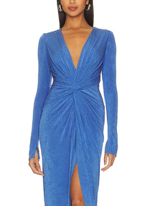 Vestido plisado azul para mujer, nuevo diseño 2026, corte ajustado, abertura frontal, largo hasta la pantorrilla, vestido largo - Product Image 2