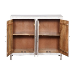 Hand-Carved Wooden Sideboard <b>Cabinet</b> with Sunburst Design | Antique <b>White</b> 2-Door <b>Storage</b> Console | Vintage Living Room - Product Image 3