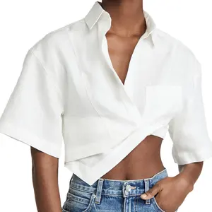 OEM-blusa corta con cuello en V para verano, camisa a cuadros con puntadas, 2021