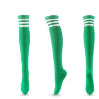 Chaussettes longues rayées en polyester avec strass brillants pour femmes et filles, au-dessus du genou, bas cuissardes, collants