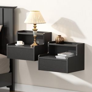 Ensemble de <span class=keywords><strong>2</strong></span> tables de chevet flottantes murales en bois avec tiroir de rangement et étagère ouverte, petite table d'appoint moderne - Product Image 3