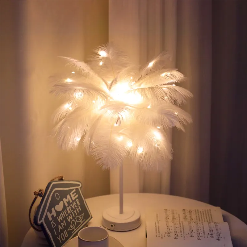 Feder Tisch lampe USB/AA Batterie leistung Neue DIY Licht Kreative Warme Licht Baum Feder Lampen schirm