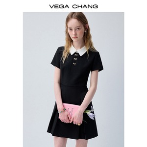 VEGA CHANG <strong>Black</strong> Contrast White Collar Mini <strong>Dress</strong> for Women Short Sleeve <strong>Button</strong> Detail Slim Fit a Line Casual <strong>Dress</strong> - Product Image 1