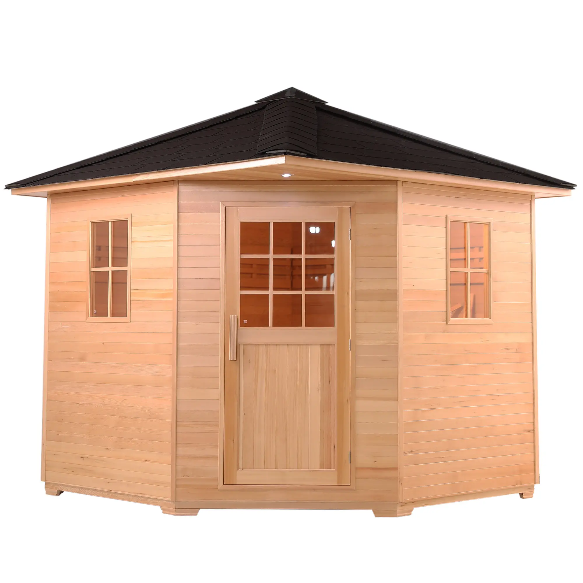 Sauna traditionnel extérieur sauna humide sauna pentagonal avec fenêtres et carreaux imperméables pour 6-8 personnes