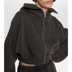 Custom Cropped Full Zip up Vintage <b>Hoodie</b> 100% Cotton Washed Black Oversized Pullover Drop Shoulder Streetwear - Product Image 4