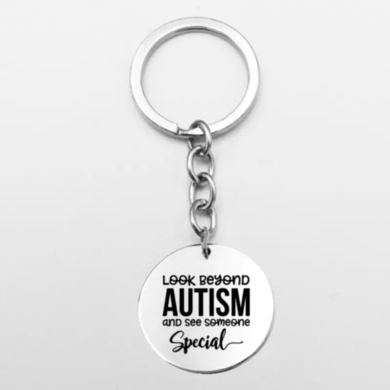 Stainless Steel Autism Awareness Car Key Ring Bag Accessories Puzzle Pieces Design Round Disc Dog Tag Pendant Key Chain