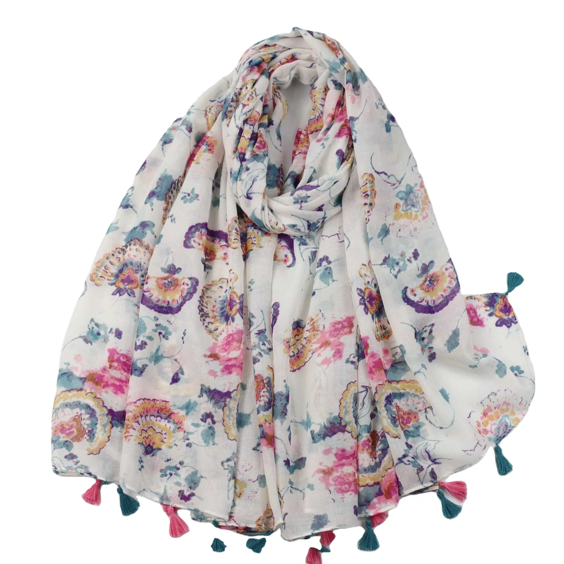 New Design Fancy Flower Print Cotton Voile Scarf Shawl Women Flower Fan Pattern Cotton Scarves With Tassels Muslim Hijab