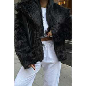 Manteau long en fourrure EVA noir avec décoration vintage, trench-coat slim grande taille Poni - Product Image 2