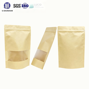 Sachet d'emballage en papier kraft personnalisé avec logo, qualité alimentaire, à fond plat, avec fenêtre et fermeture éclair pour sucre, thé, aliments, noix - Product Image 1