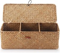 Panier de rangement en jonc de mer avec couvercle, petit panier rectangulaire tressé avec compartiments pour organiser les collations, les jouets, les tampons