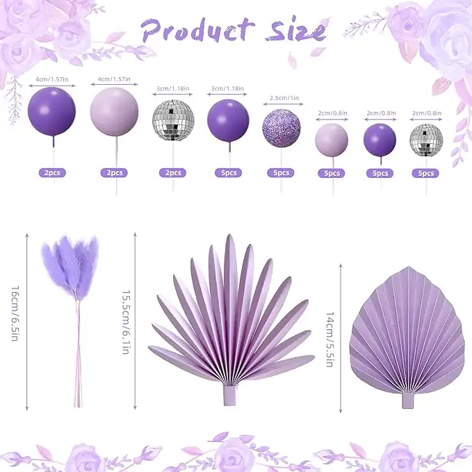 38 PCS Purple Balls Cake Toppers Palm Leaves Disco Cake Decorations for Birthday Wedding Baby Shower Party Supplies