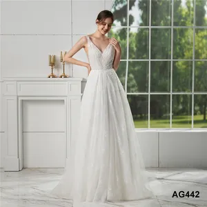 Tùy Chỉnh Thiết Kế Thanh Lịch Một Dòng Dây Đeo Mỏng Sâu V Cổ Wedding Dresses Mỹ Châu Âu Phong Cách Thời Trang Cô Dâu Ăn Mặc Cho Đảng