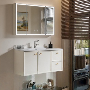 New French-Style Cream Stainless Steel and Ceramic Integrated Basin <b>Smart</b> <b>Mirror</b> Wall-Mounted Bathroom Vanity - Product Image 1