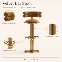Tabouret de bar en velours avec structure en acier cannelé doré, chaise de bar haute pour comptoir, fourniture d'usine OEM