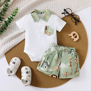Conjunto de Ropa Casual de Verano para Bebés Niños, 2 Piezas, Mameluco y Pantalones Cortos - Product Image 1