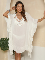 Stock Factory Sexy Sonnencreme Casual Style Kurz Sarong Rüschen Handgemachtes Häkel kleid Sommer Beach wear Poncho Sarong für Frauen
