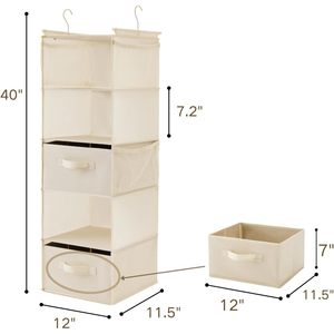 5 Tier Hanging Closet Organizer Beige Foldable Storage <b>Shelf</b> With <b>Hooks</b> For Bedroom Neatening - Product Image 3