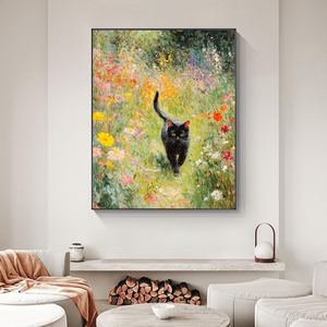 Kit de peinture par numéros pour adultes débutants, toile de peinture DIY avec peinture acrylique, motif chat noir et jardin de fleurs sauvages, décoration intérieure - Product Image 2