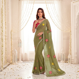 AARA Fashion Green Embroidered Silk <b>Saree</b> Pink <b>Yellow</b> Floral Design Sun Protection Wedding Women Traditional Indian Sari Floor - Product Image 1