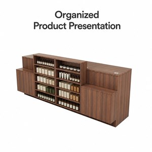 Prateleira de Beleza em Madeira Nogueira Premium para Organização de Lojas, Expositor Personalizável para Mercearias com Armazenamento Oculto - Product Image 2