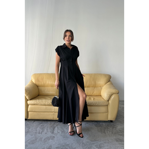 ชุดราตรีผ้าป๊อปลินสีดำแบบไม่มีแขน แต่งกระดุมด้านหน้าและดีไซน์จับจีบที่เอว - Product Image 4