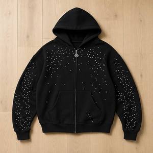 เสื้อฮู้ดซิปผู้ชายทรงบ็อกซี่ สไตล์สตรีทแวร์ Y2K กรันจ์  ผ้าฝ้ายฟลีซ  ประดับคริสตัลทั่วตัว  รับผลิตตามสั่งขายส่ง - Product Image 3