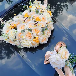 1 Set bunga sutra buatan mawar merah muda untuk dekorasi mobil pernikahan Kit dekorasi pengantin dekorasi mobil gagang pintu pita bunga
