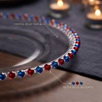 Assiette de présentation en verre transparent avec perles de cristal, personnalisable OEM, pour décoration de table de mariage, perles de cristal rouges et bleues, vaisselle, vente en gros, direct usine