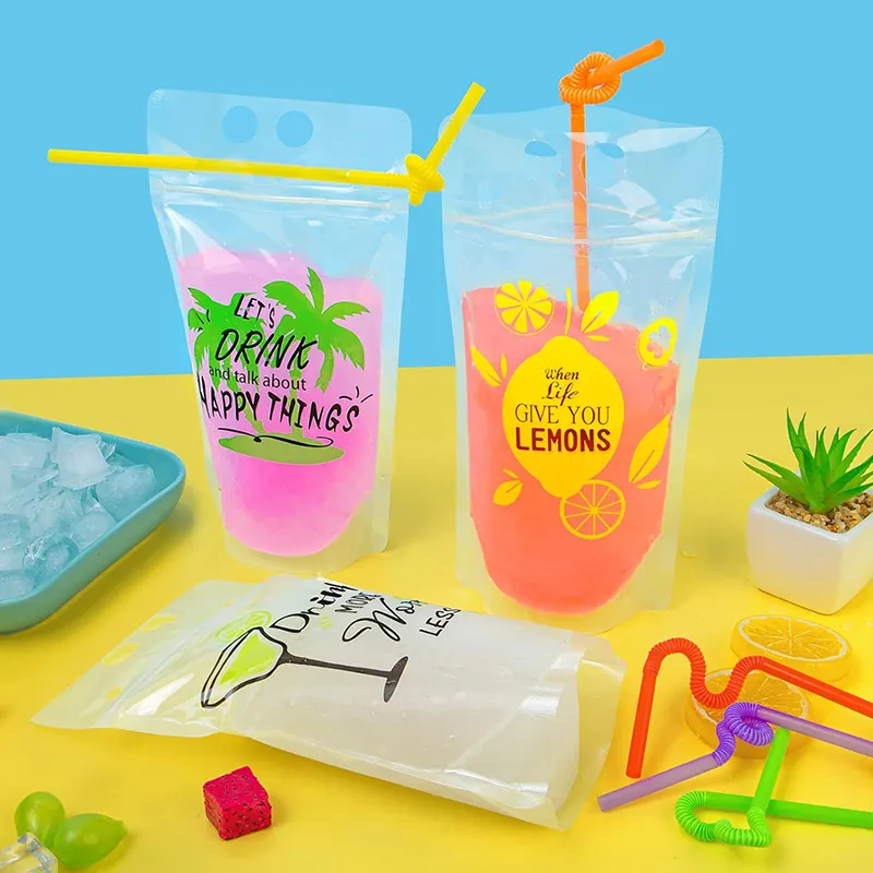 Customized printed logo zipper plastic smoothie juice bag reusable straw leak free clear bolsa para bebidas