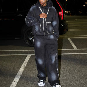 Tuta da Jogging Personalizzata con Effetto Acid Wash per Uomo, Completo Pesante con Zip, Felpa con Strass <span class=keywords><strong>e</strong></span> Pantaloni a <span class=keywords><strong>Gamba</strong></span> Dritta <span class=keywords><strong>e</strong></span> Svasata - Product Image 5