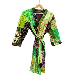 Robe longue patchwork pour femmes, manches trois quarts, col en V, coton brodé, vêtements de nuit décontractés d'été - Product Image 1