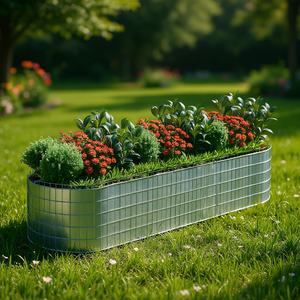 Jardinière surélevée en gabion, en fer galvanisé argenté, de forme elliptique, pour fleurs et plantes vertes - Product Image 3