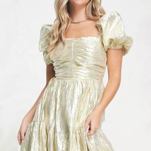 Mode Gaun Warna Sampanye Gaun Lengan Pendek Poliester Kerah Persegi Gaun Maxi Ruched Bodice Eksklusif Wanita - Product Image 4