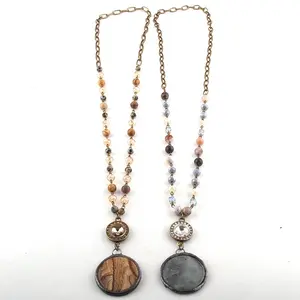 Donne di Etnia Collana di Pietra Naturale Pic Diaspro Dalmata e Vetro Rosario Catena Dichiarazione di Pietra Rotonda Della Discoteca Del Pendente Della Collana - Product Image 1