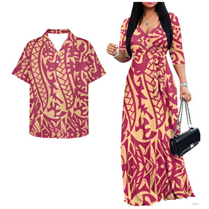 Completi coordinati estivi popolari con stampa hawaiana blu: Abiti da donna con tasche e camicie da uomo abbinate, nuovi vestiti eleganti per la chiesa - Product Image 3