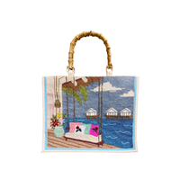 Tas Tote Kanvas Gagang Bambu Bohemian Berhias Manik-Manik Buatan Tangan, Gaya Pantai Musim Panas, Tas Liburan Wanita