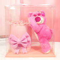 TC Wholesale Rose artificielle en soie parfumée, Cadeaux de la Saint-Valentin, Bouquets de roses en peluche roses avec ours en peluche dans une boîte argentée