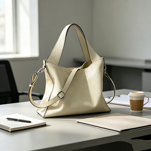 Cream Pebble Grain <b>Shoulder</b> Tote <b>Bag</b> Detachable Strap Side <b>Zip</b> Design <b>Large</b> Capacity Office Work Handbag - Product Image 2
