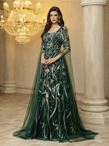 <span class=keywords><strong>Vestido</strong></span> de Noche de Lujo para Mujer, Estilo Vintage, Color <span class=keywords><strong>Verde</strong></span> <span class=keywords><strong>Esmeralda</strong></span>, Corte en A, con Mangas Transparentes y Escote Corazón, Adornado con Lentejuelas Bordadas - Product Image 6