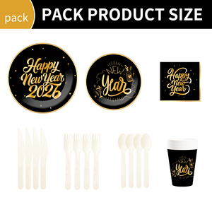 DAMAI New Years Eve Party Supplies Happy New Year Tableware Set <b>Disposable</b> Paper Plates Paper Cup Napkins and Wooden Cutlery - Product Image 6